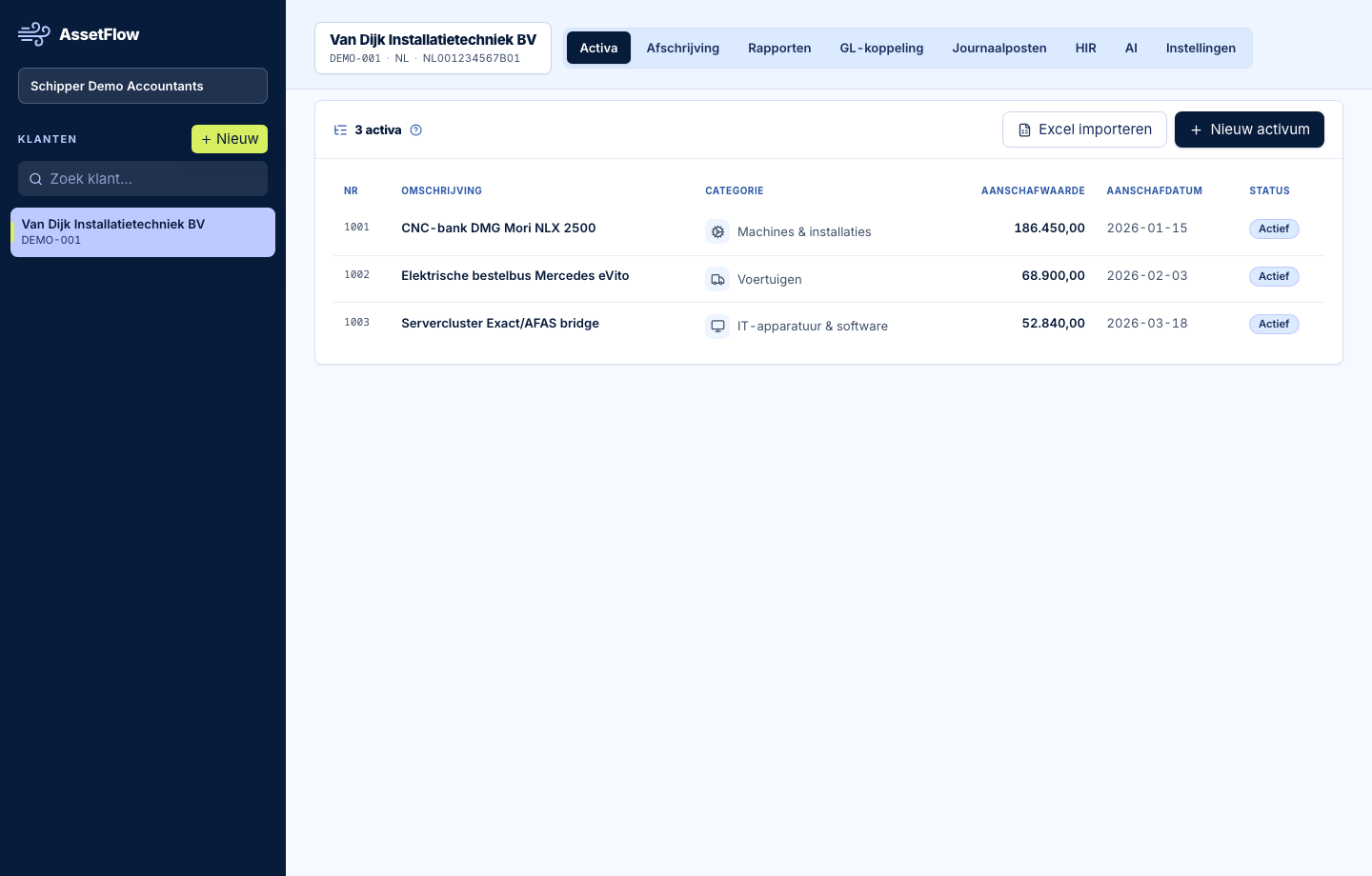 Echt ActivaFlow activaregister met vaste activa voor Van Dijk Installatietechniek BV
