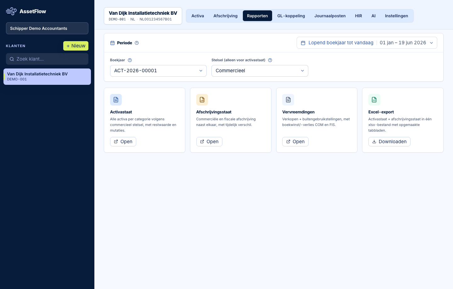 Echt ActivaFlow rapportagescherm met activastaat, afschrijvingsstaat en Excel-export